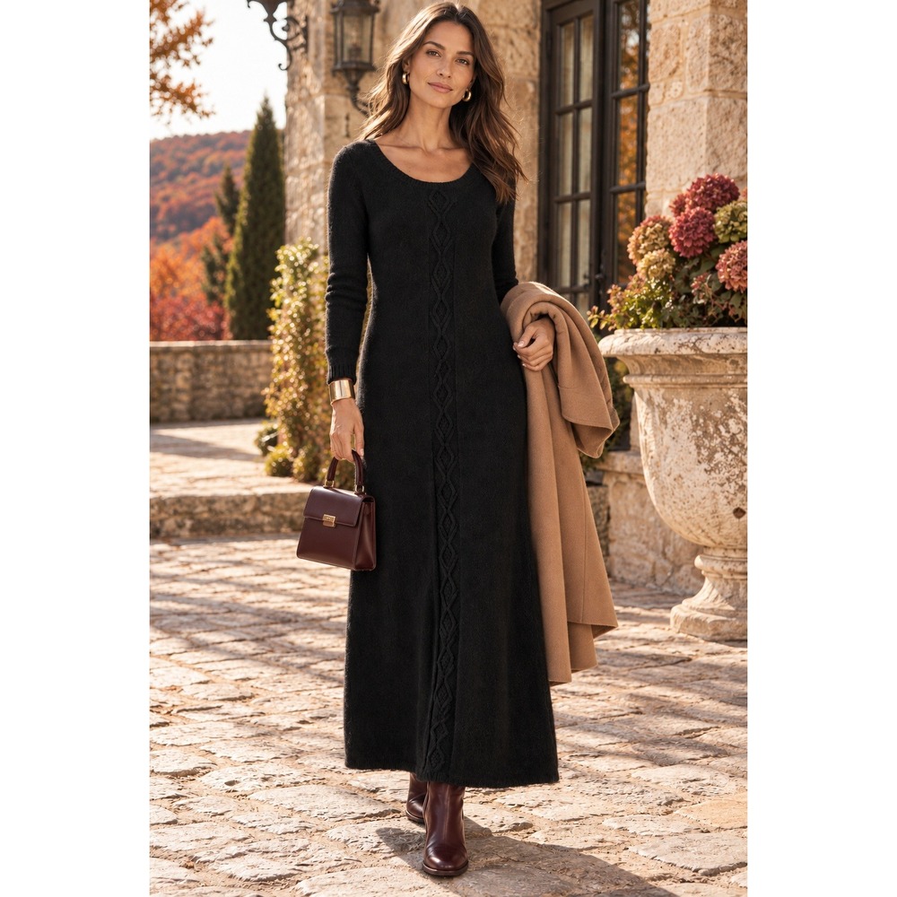 Peruvian Connection Larimer Royal Alpaca Cable Knit Maxi Sweater Dress Black M